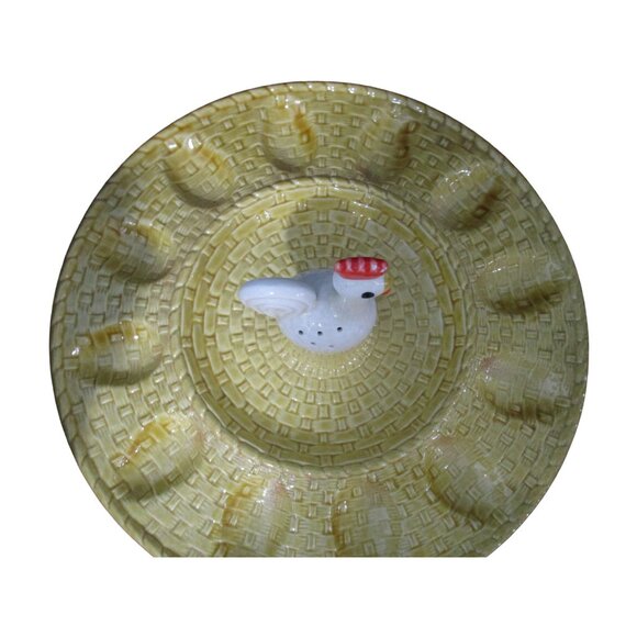 Vintage Ceramic Rooster Hen Chicken Basket Weave Deviled Egg Plate EUC - Picture 12 of 16